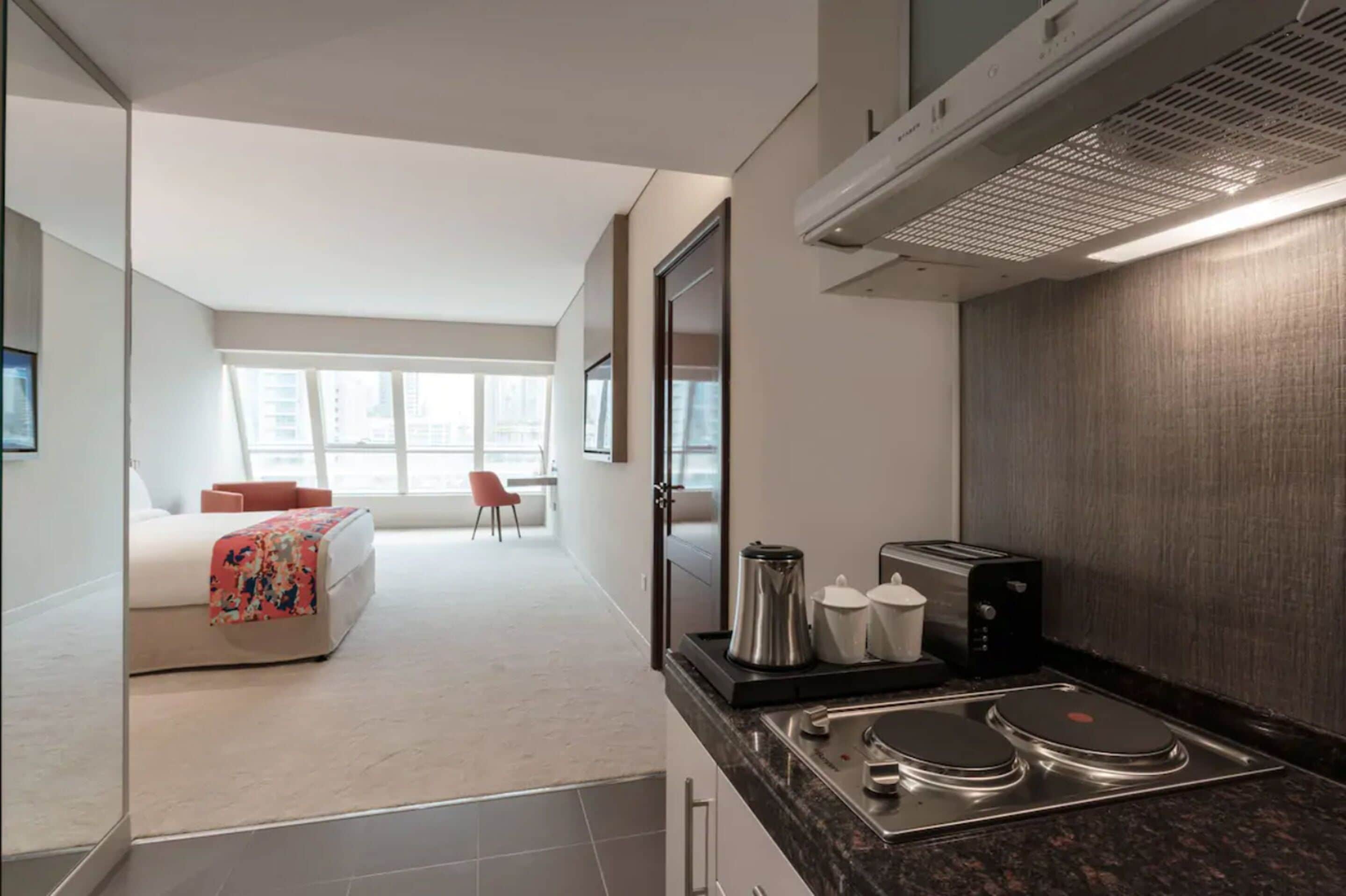 fridge, microwave, stovetop, toaster