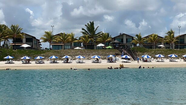 A beach with clear water, palm trees, and beach umbrellas. - House in condominium by the sea, chicken harbor (high wall)<br> (Porto de Galinhas)