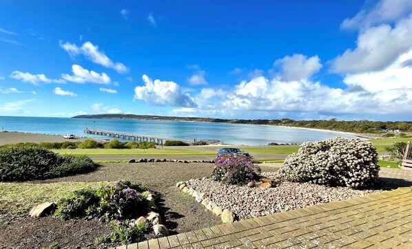 On the beach, sun loungers
