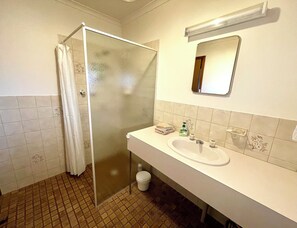Shower, hair dryer, towels, soap