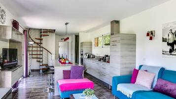 TV connectée, cheminée, livres