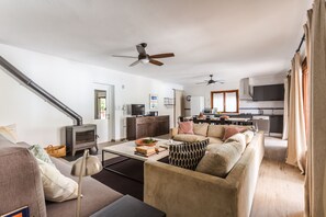 Een televisie, een open haard, een dvd-speler en boeken