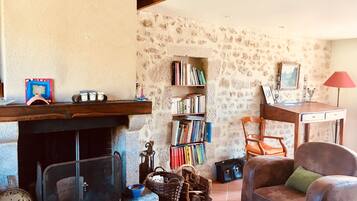 Cheminée, baby-foot, table de tennis de table, livres