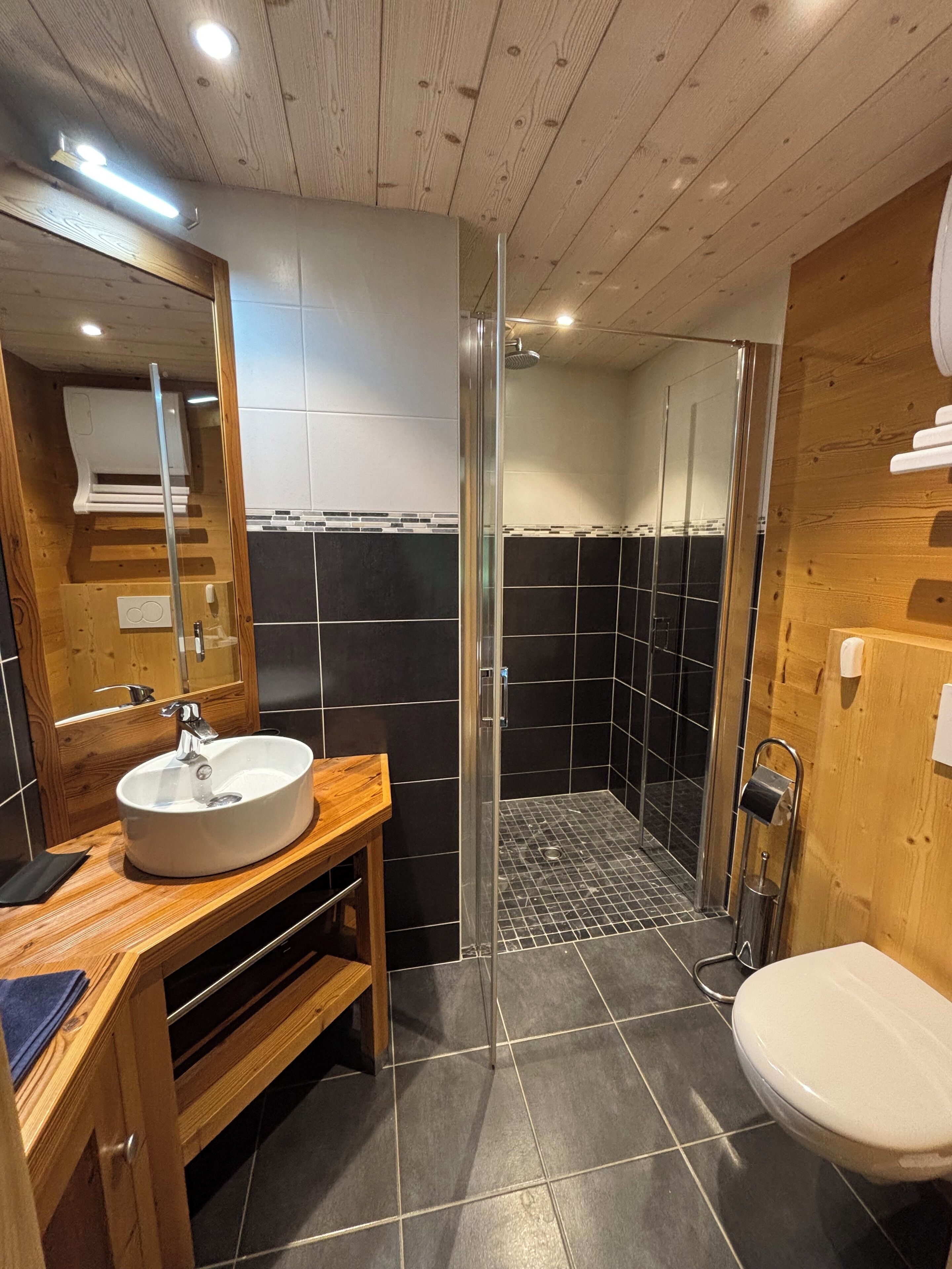 Een douche, een haardroger, zeep, toiletpapier