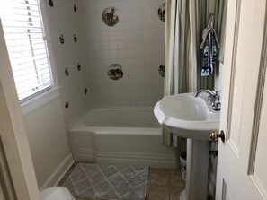 Combined shower/tub, hair dryer, towels, soap
