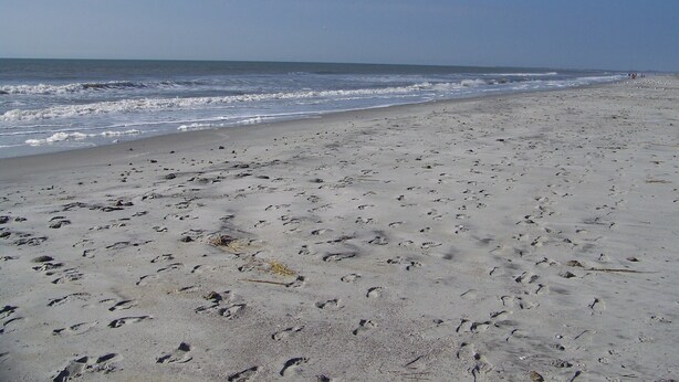 Une plage de sable avec des empreintes et un ciel dégagé.