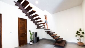 Un intérieur moderne avec un escalier en colimaçon en bois, une porte et une plante en pot.