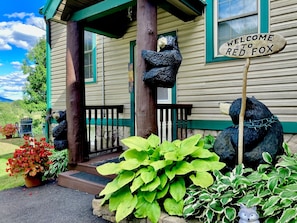 Main Entrance at Red Fox with Hand-Carved Wooden Bears. Self Key Entry Pad.