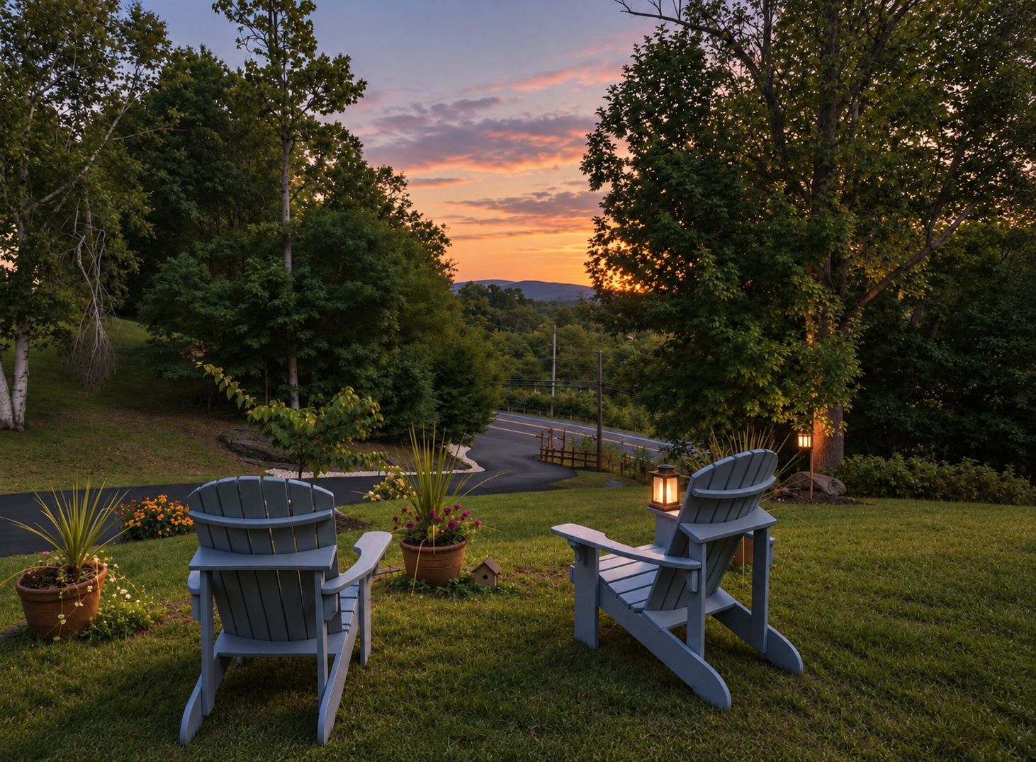Two Adirondack chairs facing a sunset view with a road and trees in the background.
