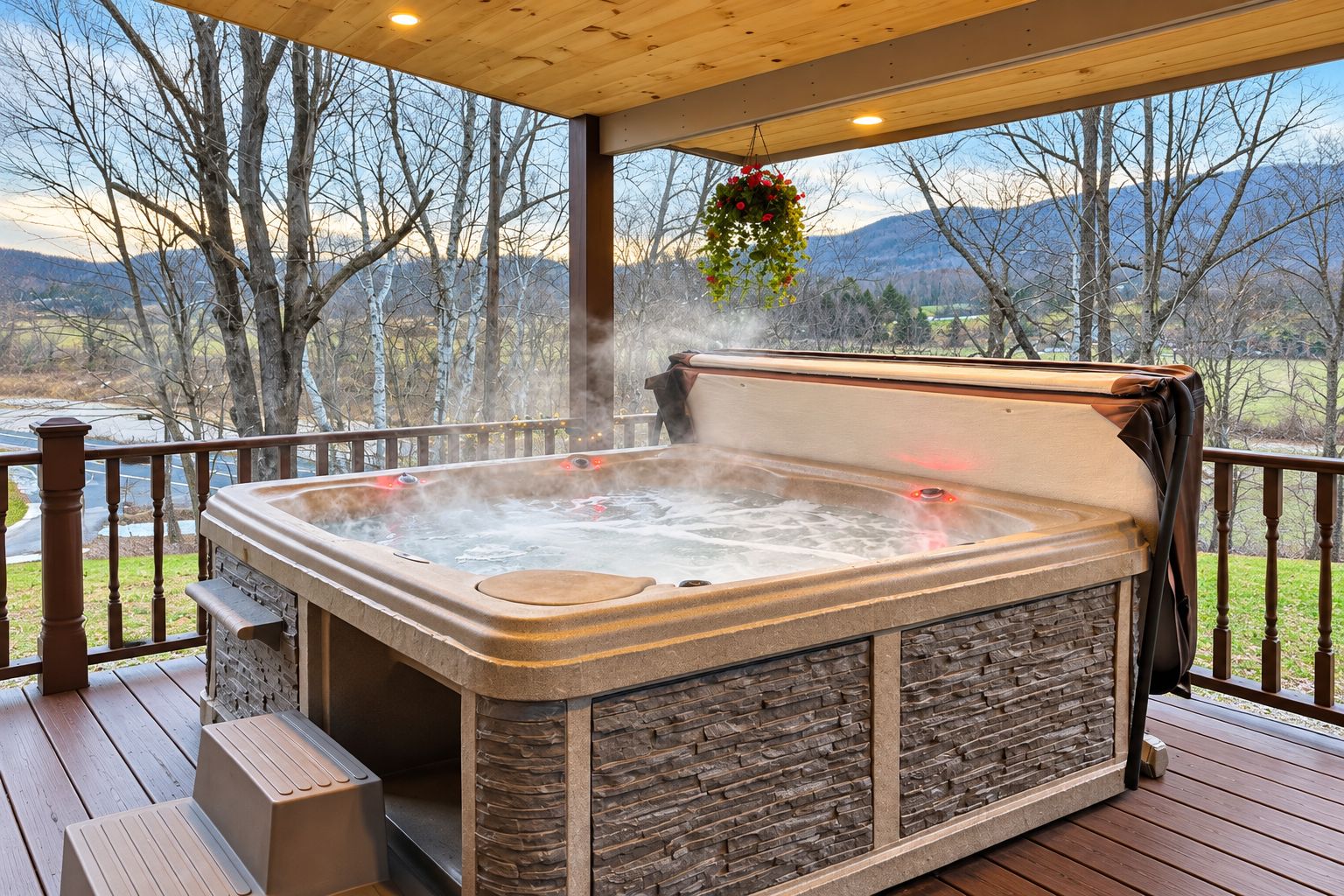 Summer at the Alpine Spa hot tub: jets, fountains & lights on a covered deck.