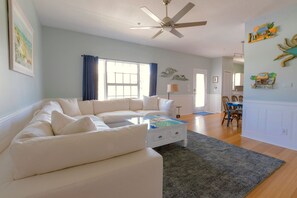 Relax in this inviting living room with a comfortable sofa, coffee table, and ceiling fan.