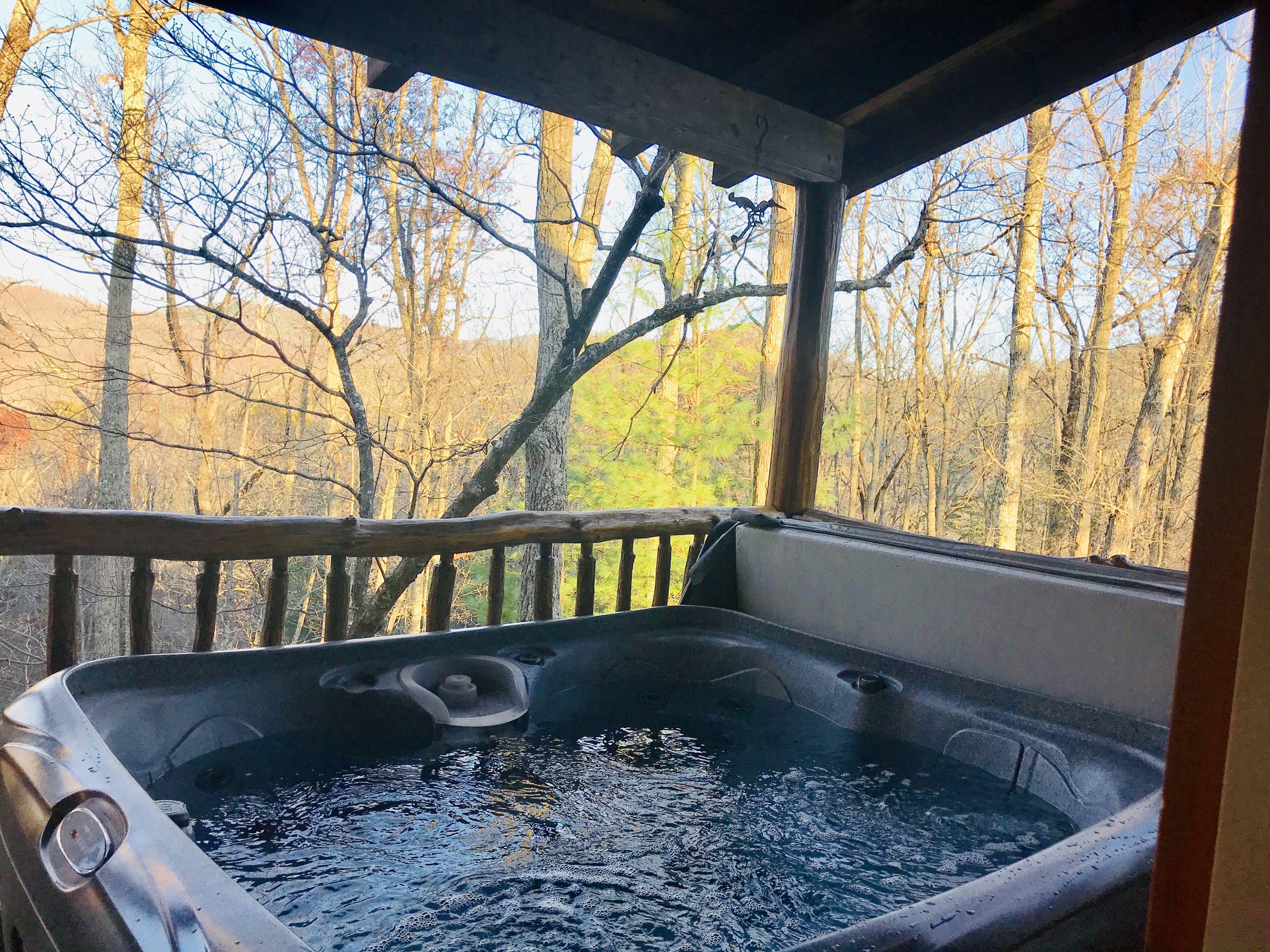 A hot tub with a wooden deck and railing, surrounded by trees.