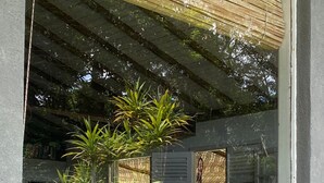 A window with a view of a room containing books, a plant, and a wooden structure. - Summer house, surrounded by trees, rural setting with city amenities. (Petrópolis)