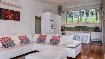 Televisie, een open haard, een videogameconsole en Netflix