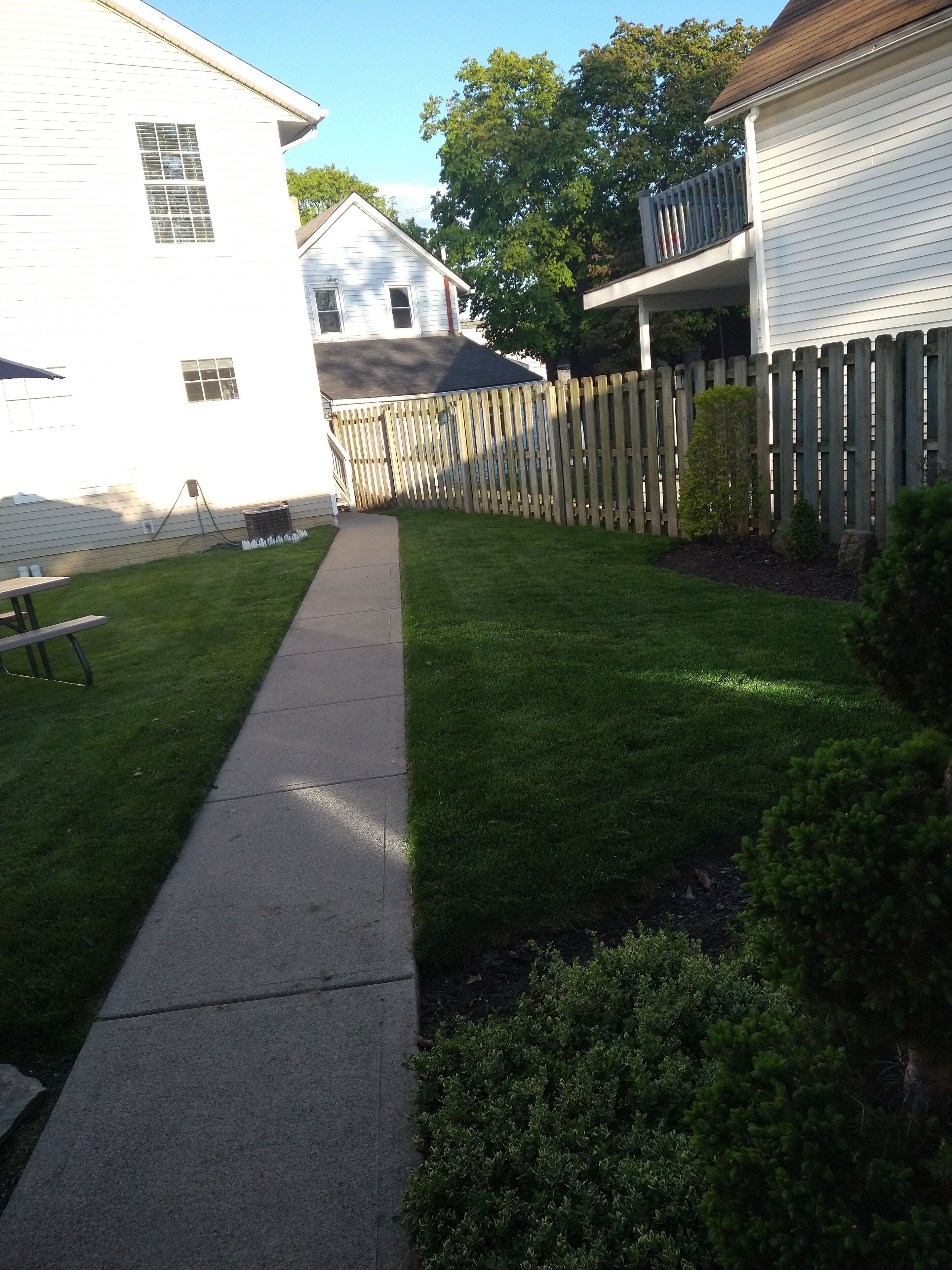 A residential backyard with a wooden fence, a concrete pathway, and a well-maintained lawn.