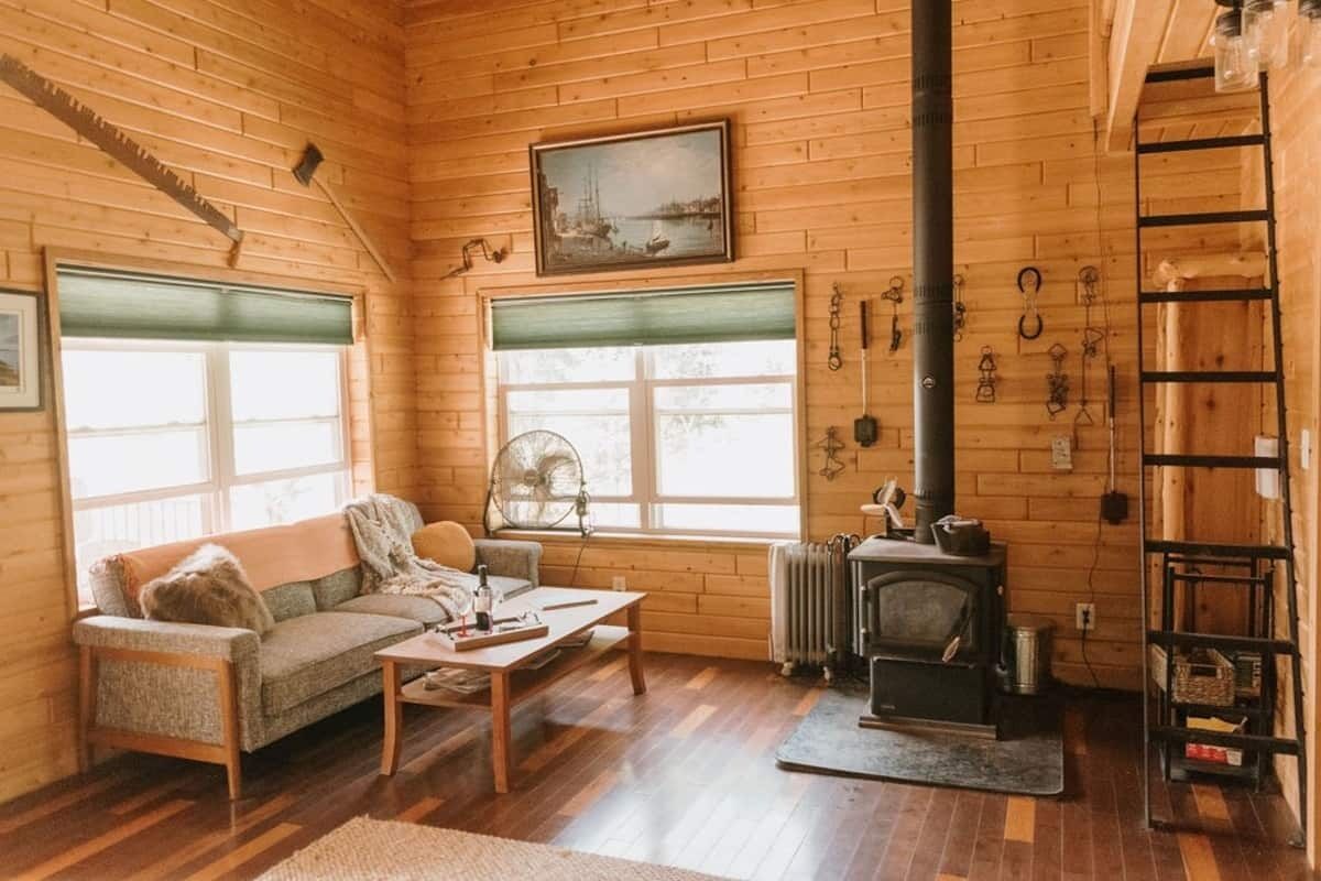 Fireplace, books, music library, stereo