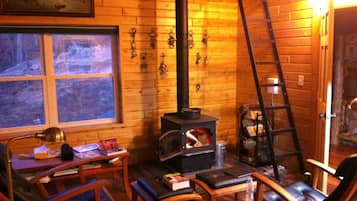 Fireplace, books, music library, stereo