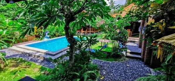 Outdoor pool, sun loungers