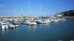 Un port de plaisance où sont amarrés différents types de bateaux, une côte rocheuse et un ciel bleu dégagé.