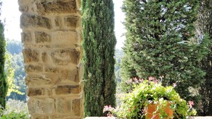 Un mur de pierre avec un pot de fleurs.