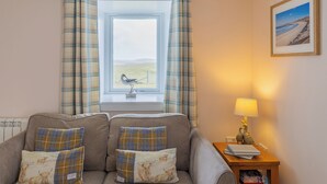 A living room with a sofa, two plaid cushions, a window with a view of the countryside, a lamp, and a framed picture on the wall.