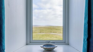 A window with a view of a grassy field and a distant hill.