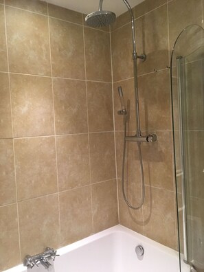 Combined shower/tub, hair dryer, towels, soap
