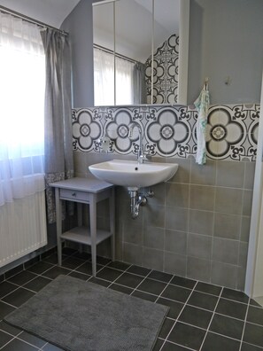 Shower, hair dryer, bidet, towels