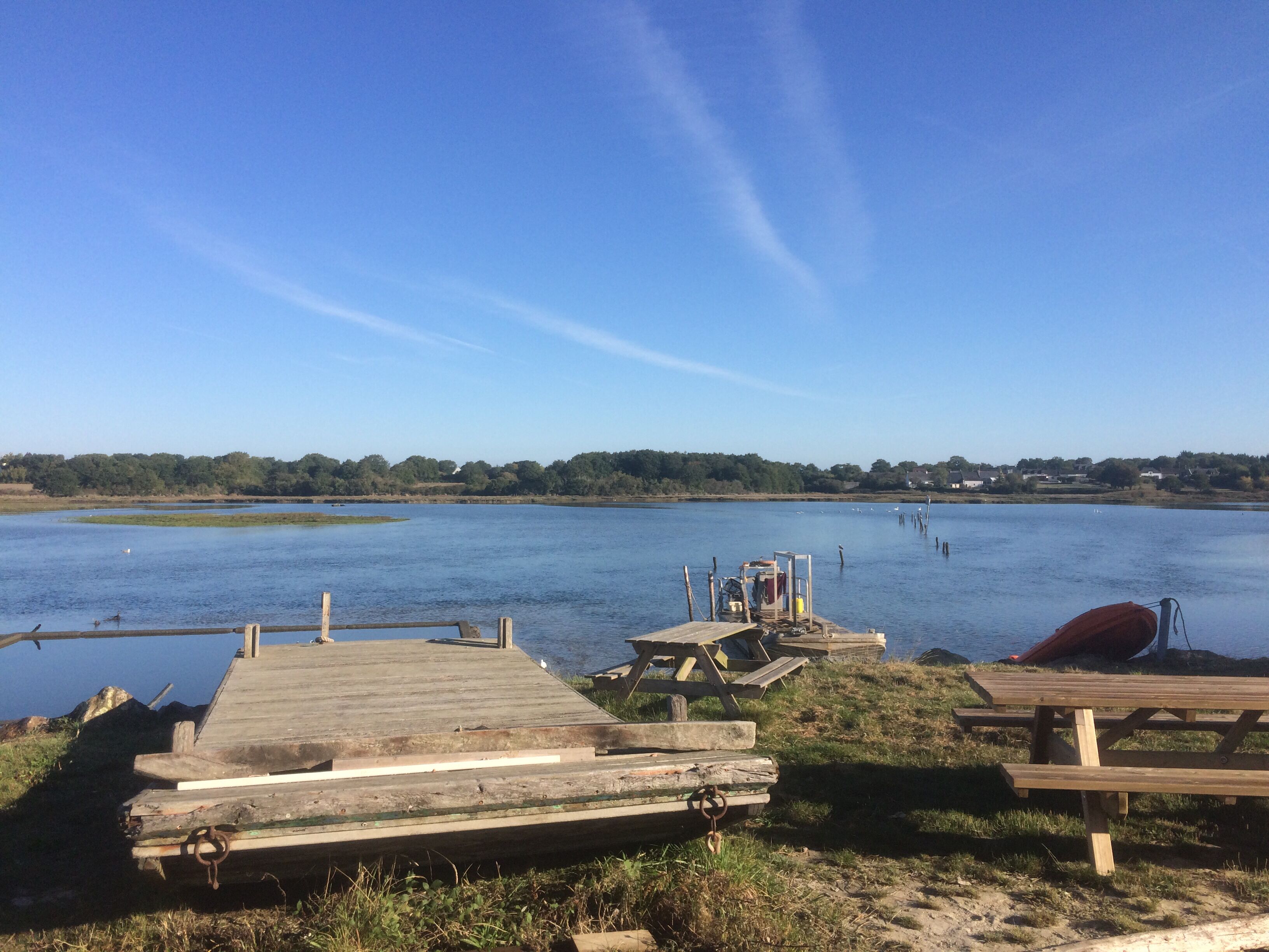 A wooden dock extending into a calm lake with picnic tables and a small boat.