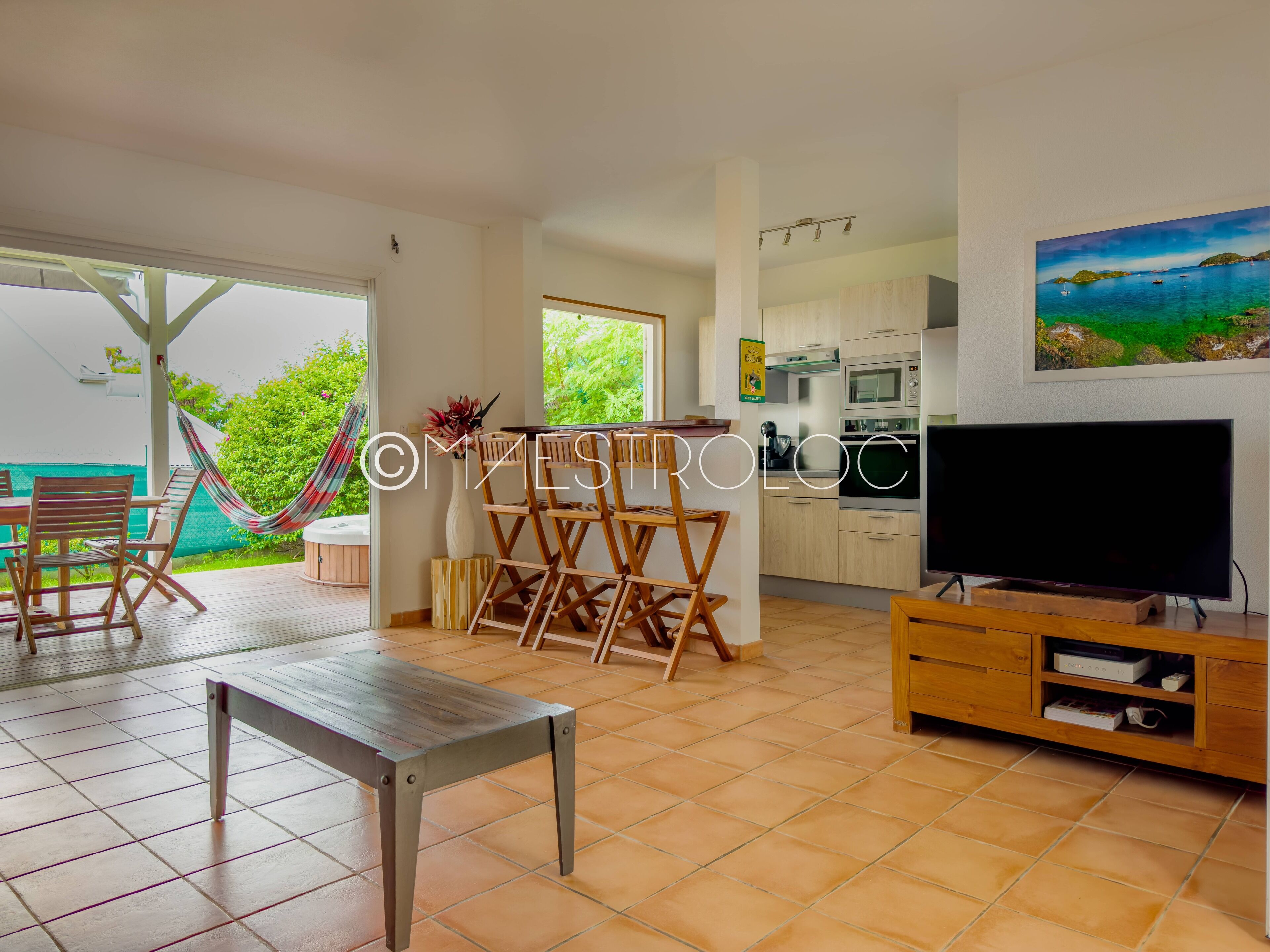 A spacious living area with a wooden dining table, a TV on a wooden stand, and a kitchen with modern appliances.