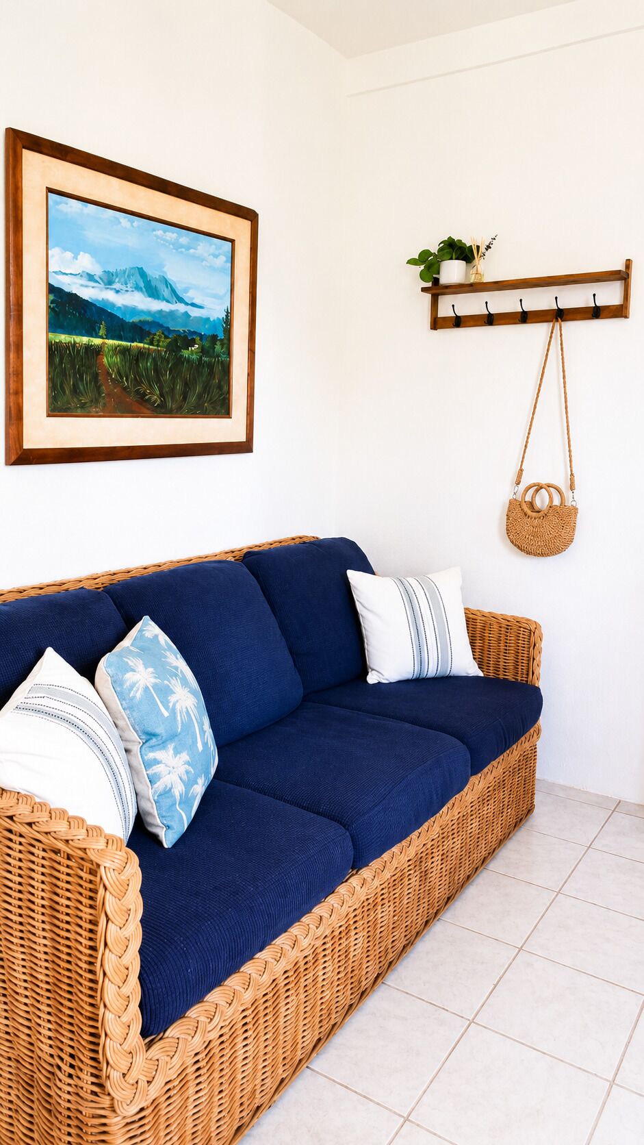 Un canapé en osier avec des coussins bleus, une plante fixée au mur et un cadre photo.