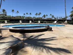 Una piscina con jacuzzi, sillones de descanso y palmeras.