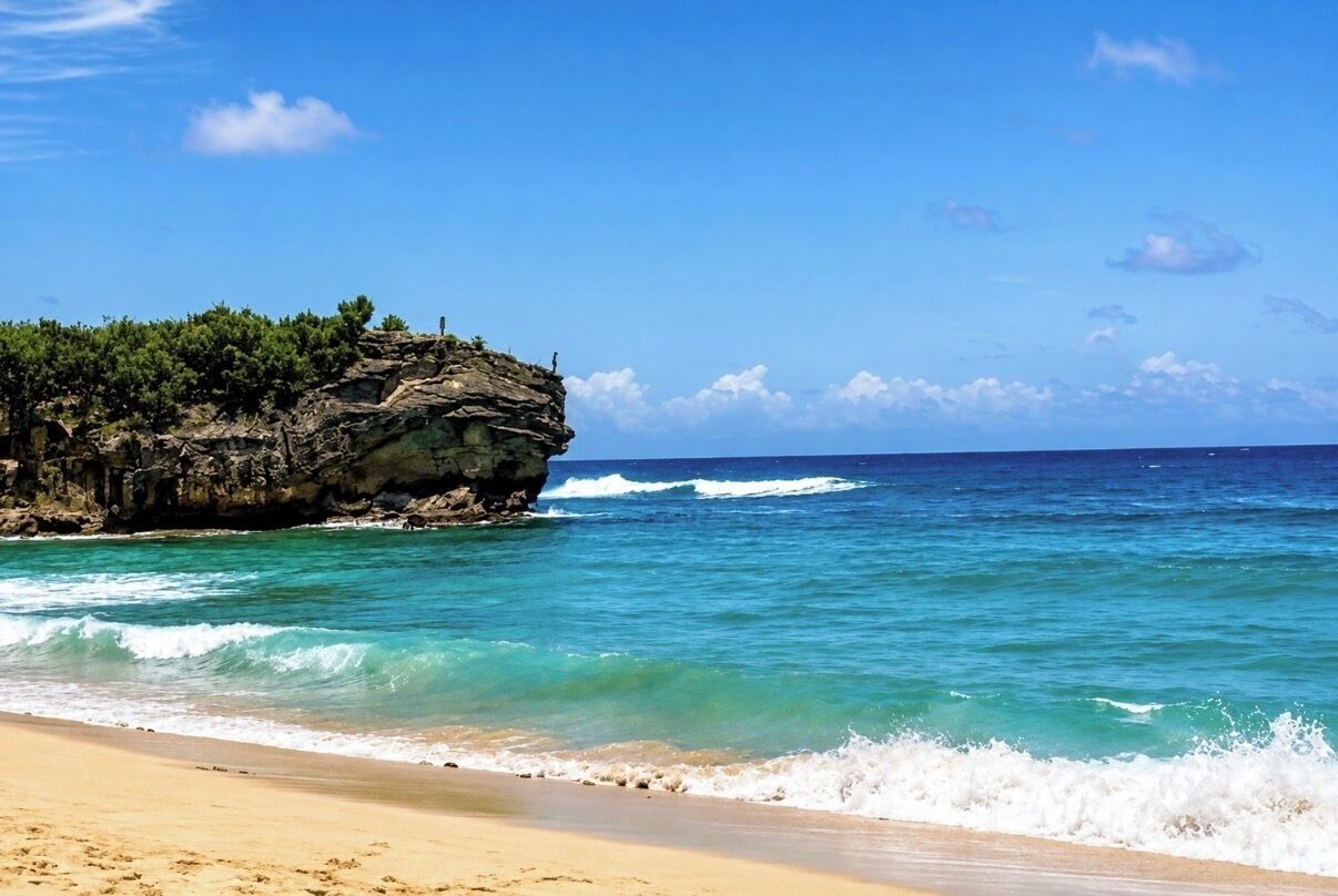 Une plage à l’eau turquoise et limpide, un rivage sablonneux et un promontoire rocheux couvert de végétation.