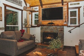 Smart TV, fireplace, music library, video library