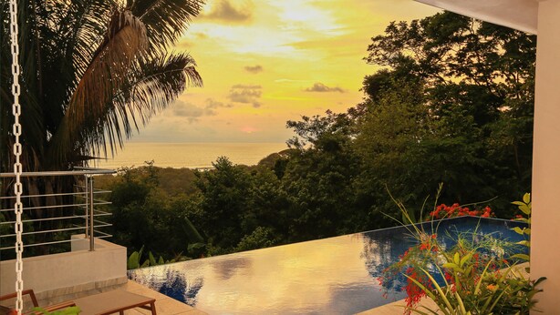 A infinity pool with a view of the ocean and trees, surrounded by lounge chairs and potted plants.