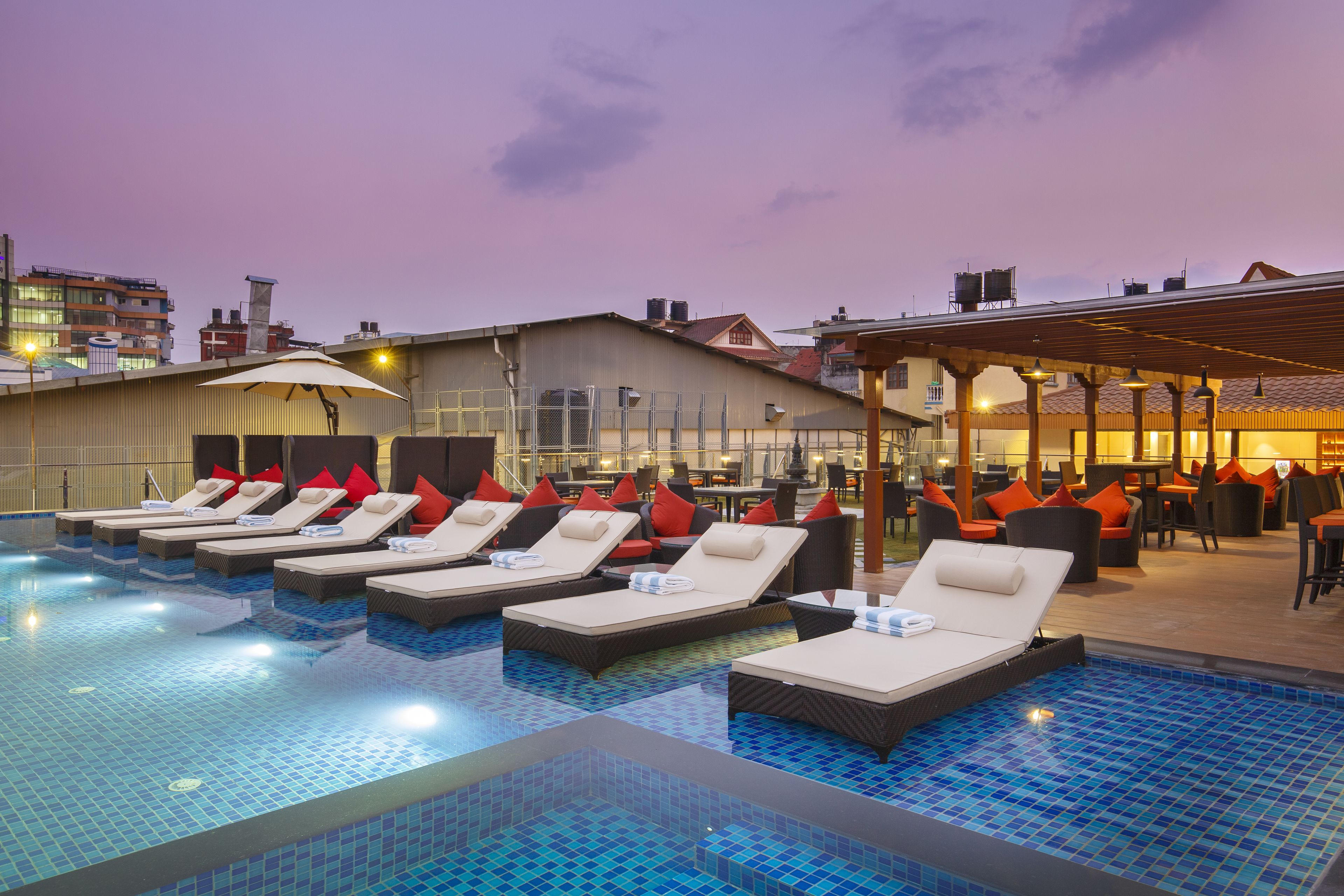 Outdoor pool, pool loungers