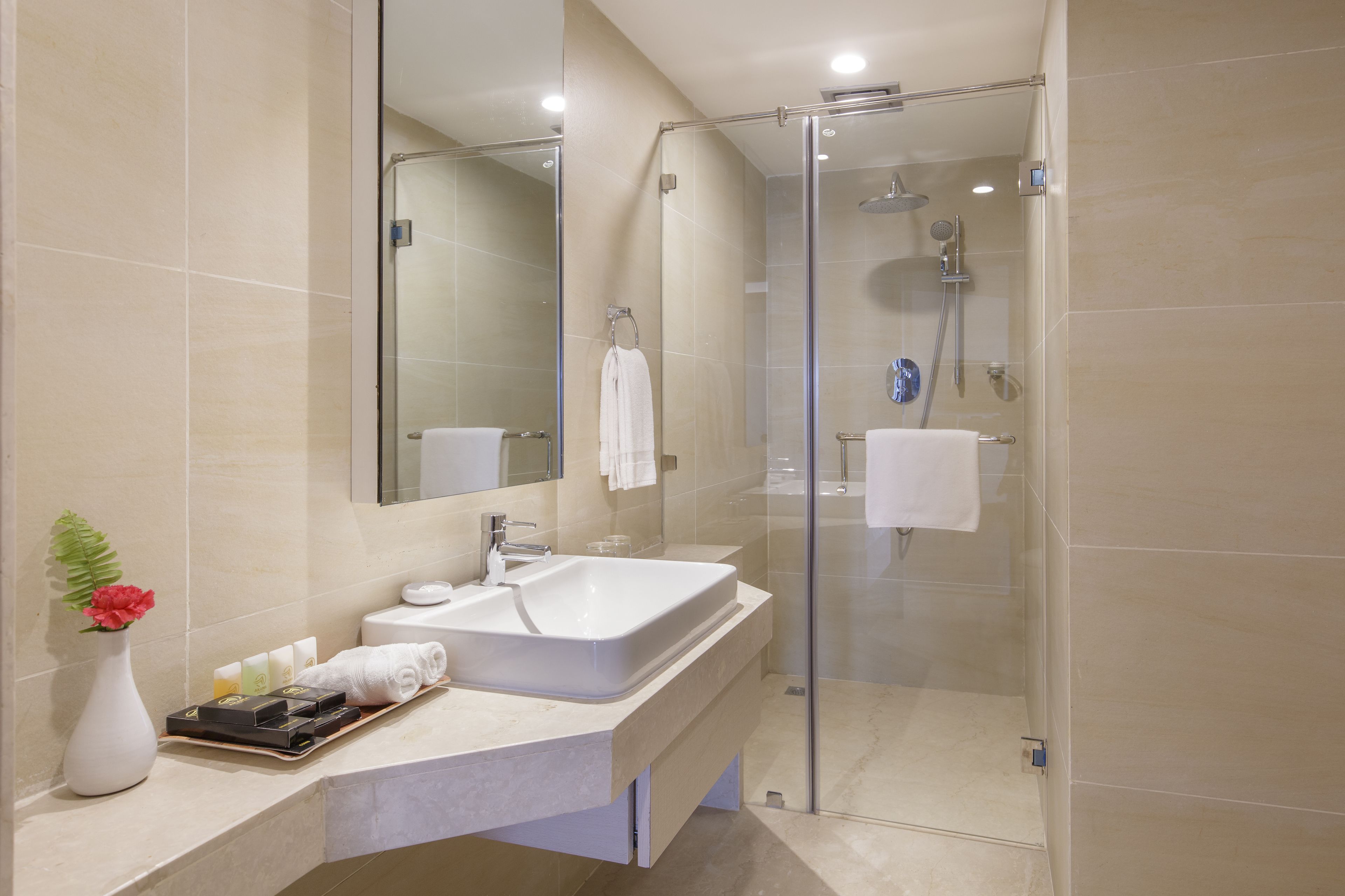 A modern bathroom with a glass-enclosed shower, a large sink, and a mirror above it.