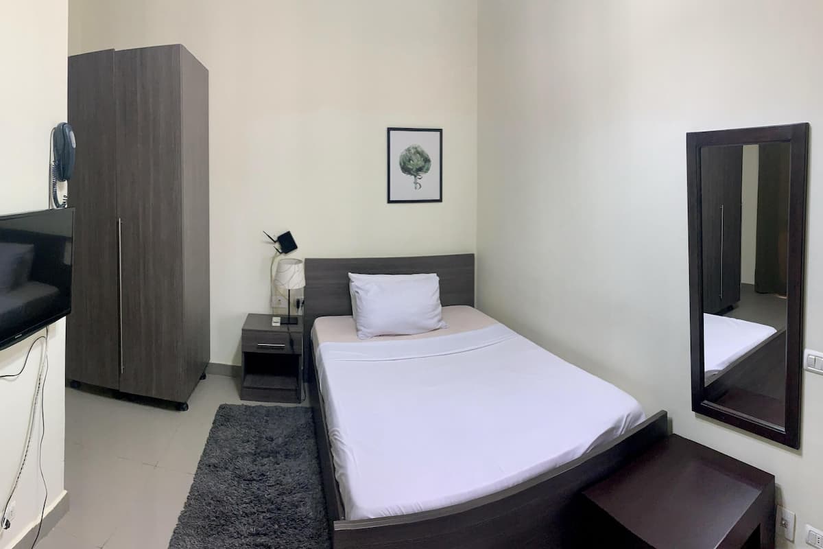 A hotel room with a bed, a bedside table, a nightstand, a wardrobe, a TV, and a mirror.
