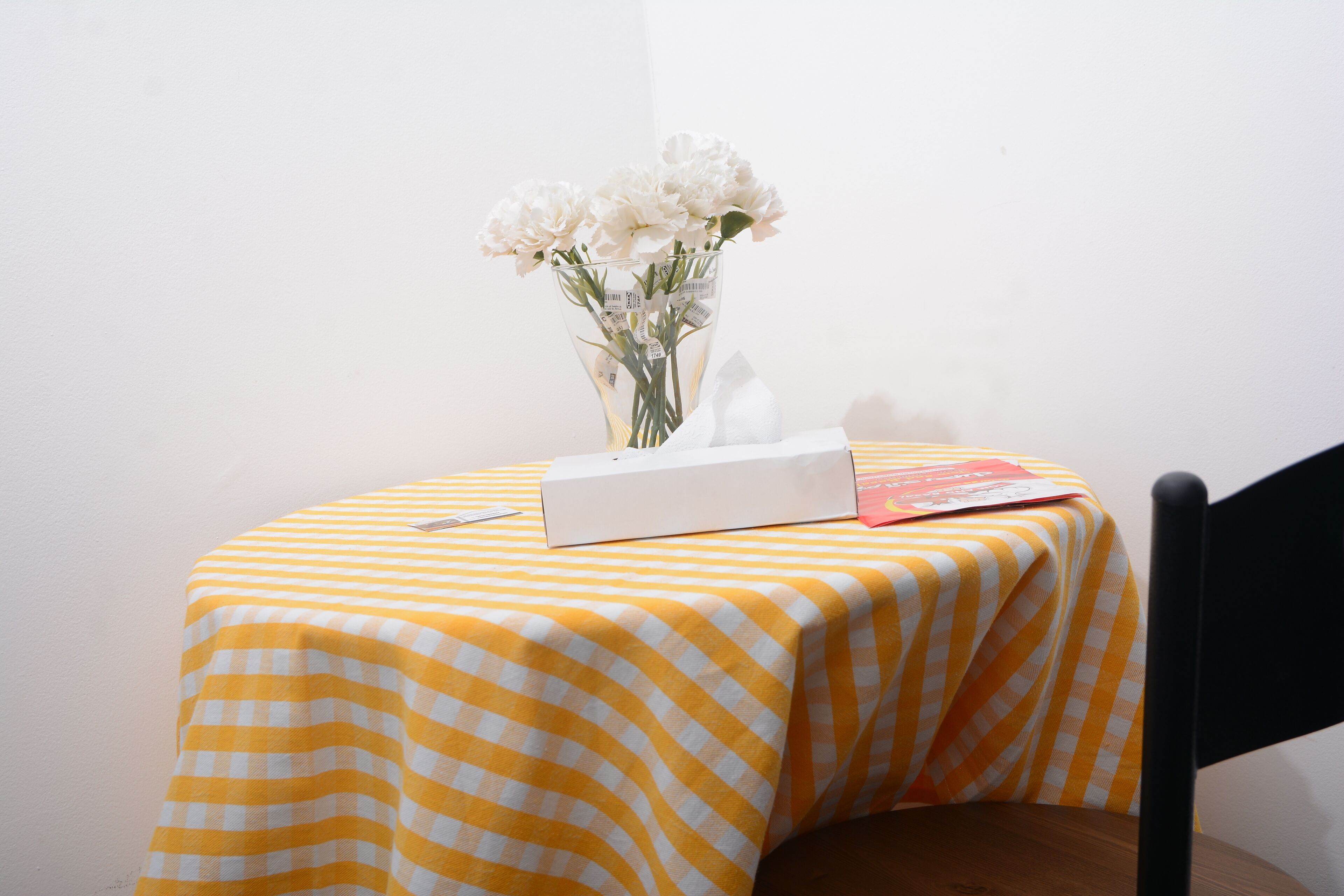 Uma pequena mesa com toalha quadriculada, um vaso com flores brancas, uma caixa de lenços e um livro.