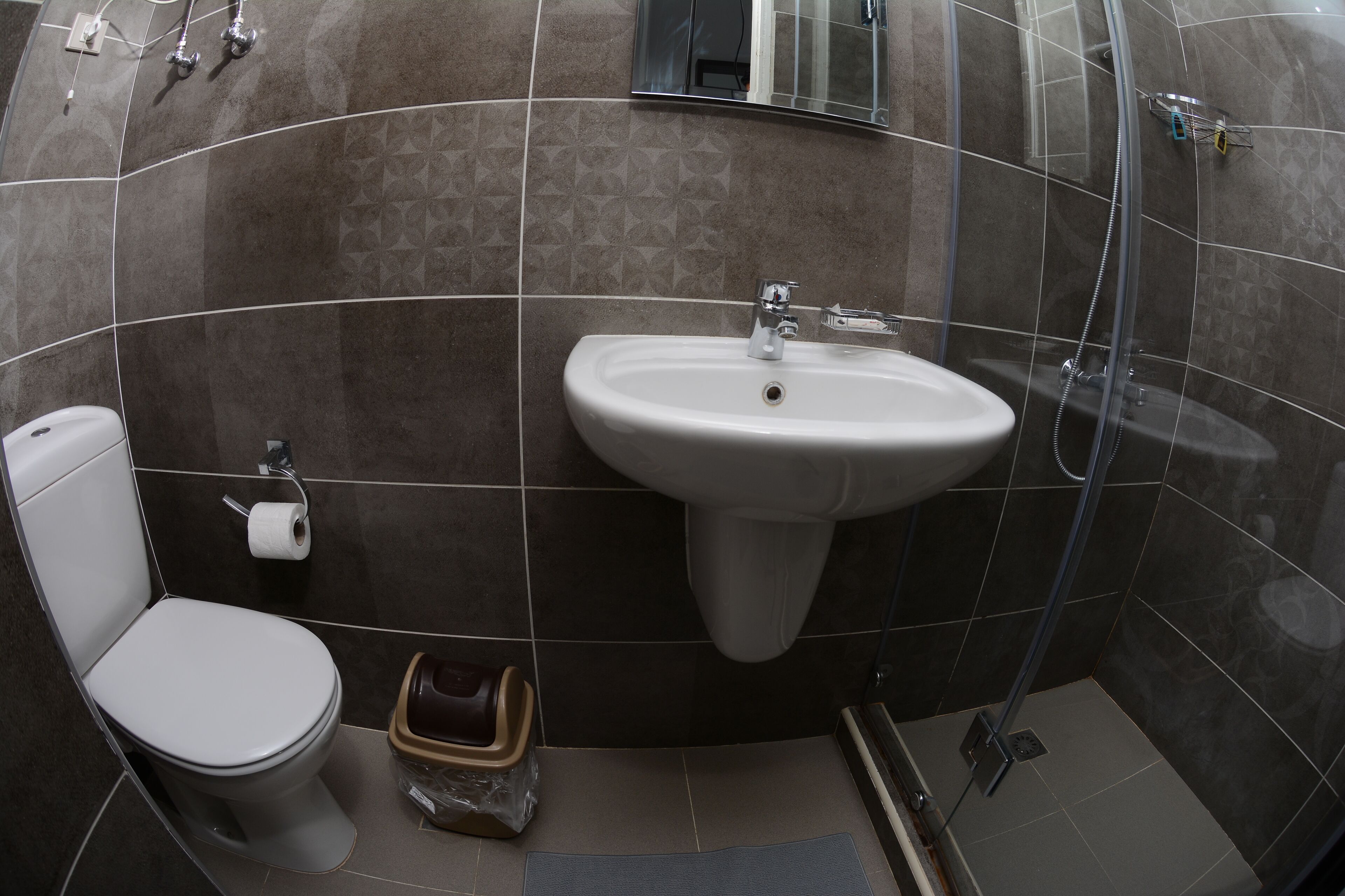 A bathroom with a toilet, sink, and shower.