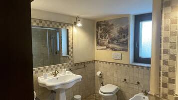 A bathroom with a sink, toilet, bidet, and a mirror.