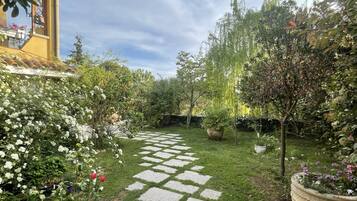 Ein Garten mit einem Kiesweg, der zu einem Gebäude mit gelber Fassade führt.