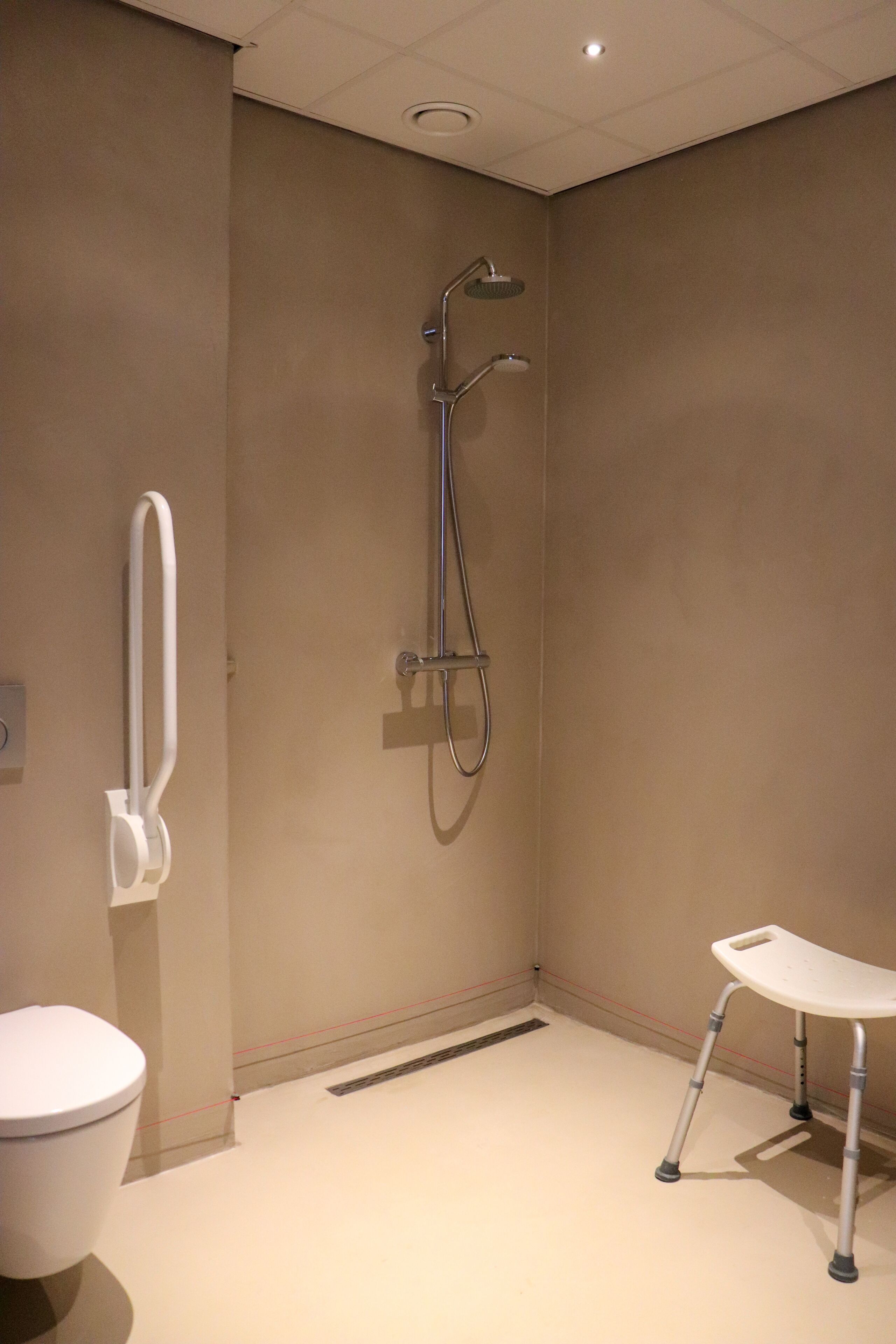 Une salle de bain équipée d’une douche, de toilettes et d’une barre d’appui.