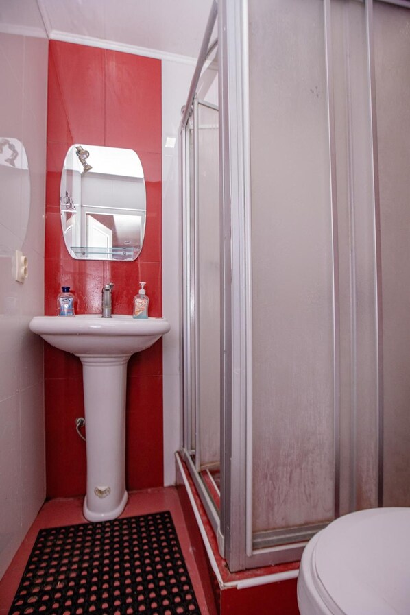 Un baño con lavamanos pedestal, espejo y cabina de ducha.