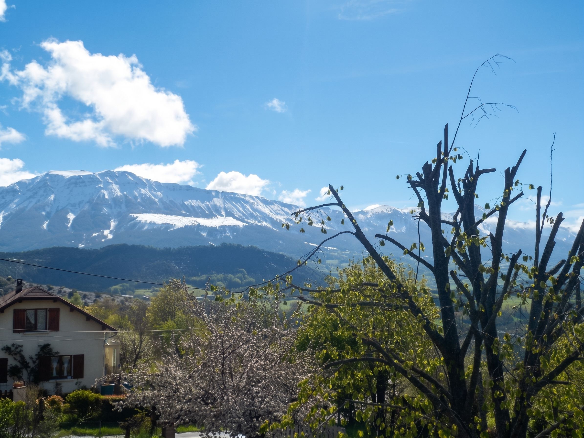 Una casa con vista a una montaña nevada al fondo.