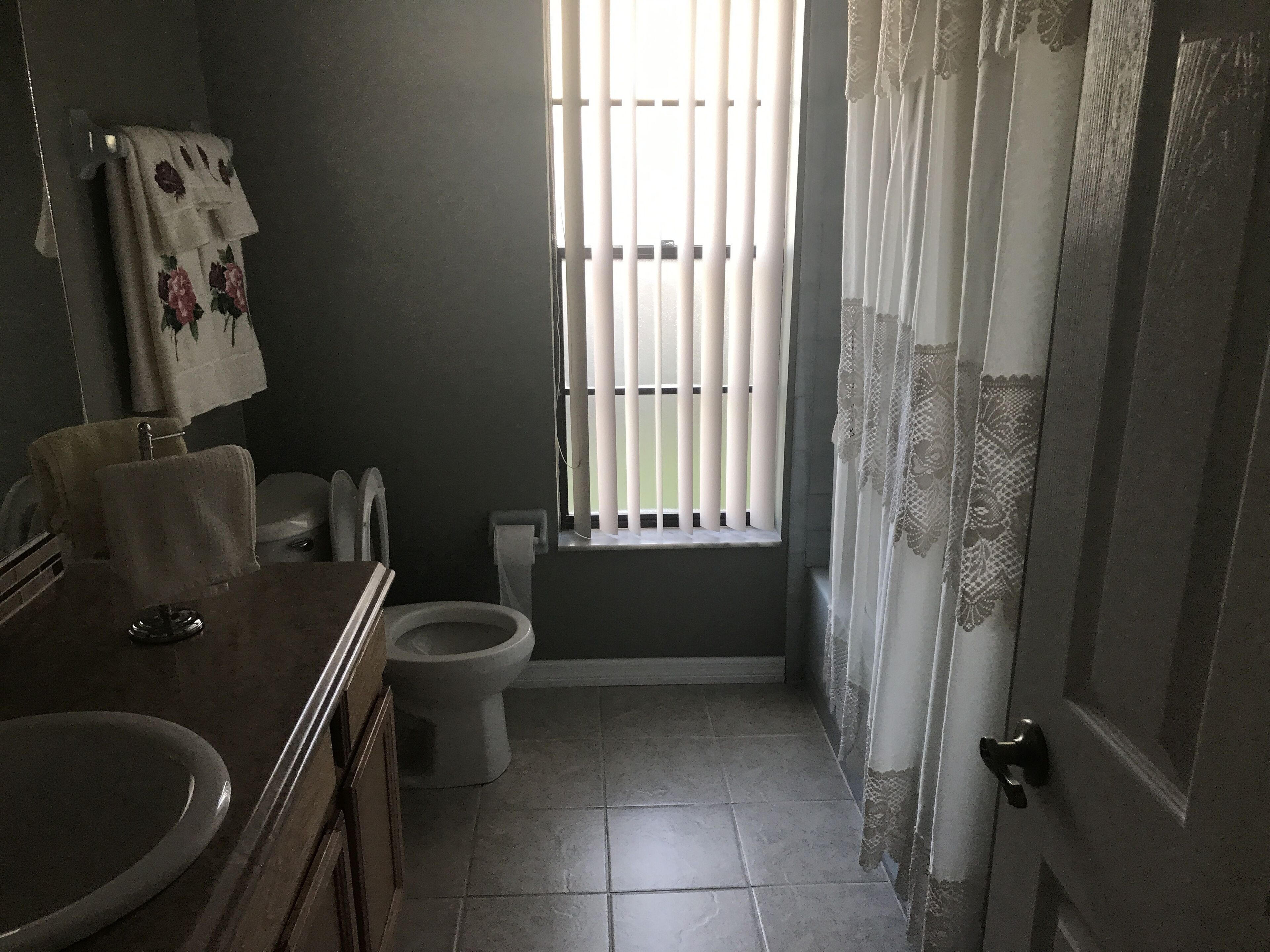 Een badkamer met toilet, wastafel en een raam met zonwering.