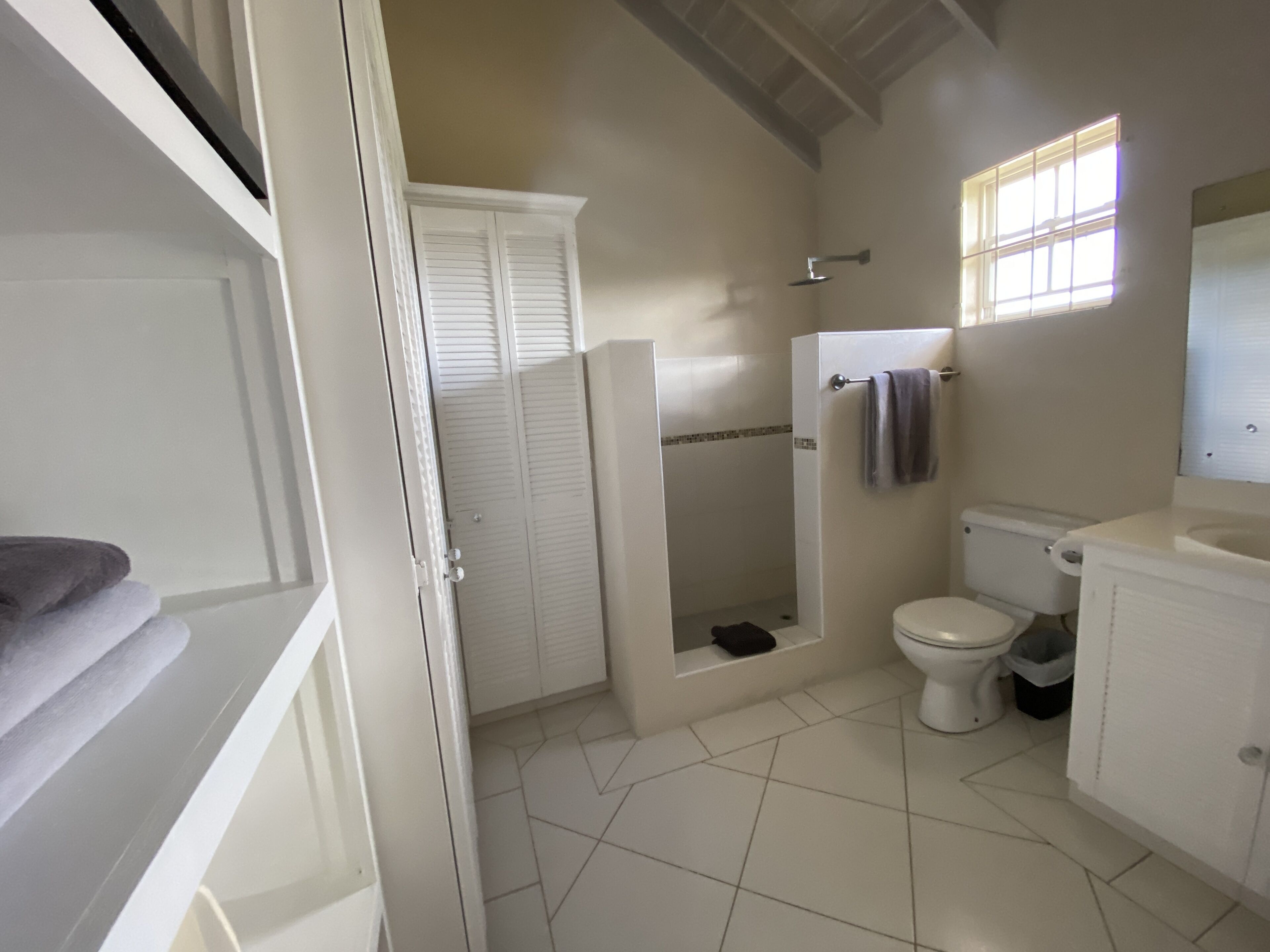 A bathroom with a shower, toilet, and a shelf with towels.