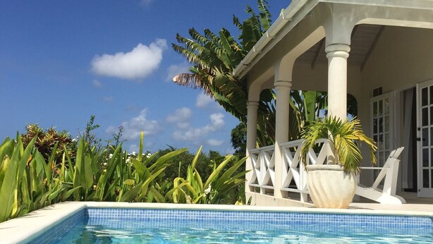 Une piscine à l’eau d’un bleu cristallin, entourée d’une végétation luxuriante et agrémentée d’un belvédère blanc.