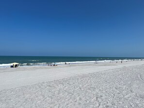 On the beach, sun loungers