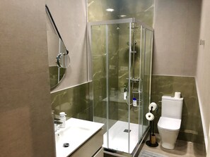 Combined shower/bathtub, free toiletries, hair dryer, towels